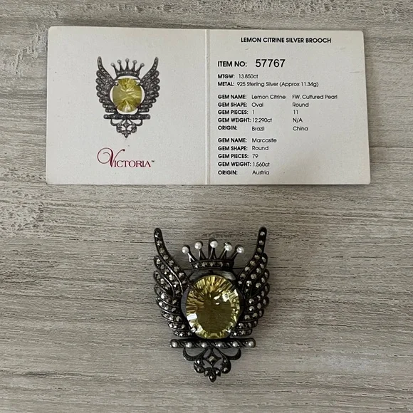 Lemon Citrine Marcasite and Pearl Sterling Silver Brooch - Picture 3 of 8